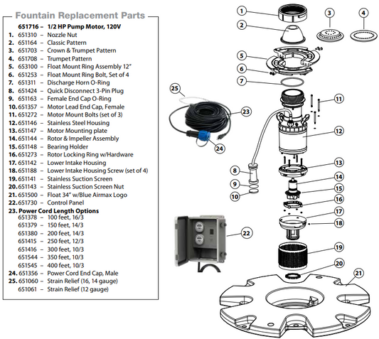 Airmax EcoSeries 1/2 HP Fountains Replacement Parts